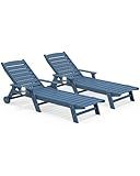SERWALL Patio Chaise Lounge Chair Set of 2, 78'' Long 5-Positions Adjustable HDPE Outdoor Lounger for Pool, Poly Lounge Chair with Rolling Wheels & Cup Holder for Poolside, Deck, Blue