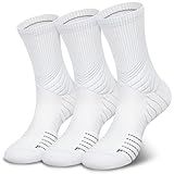 Hylaea Compression Running Socks for Men, Coolmax Anti-Blister Cushion Crew Socks for Athletic Basketball Tennis, Moisture Wicking & Seamless, Elite White Large