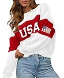 LEEDYA Women's USA Sweatshirt Oversized American Flag Sweater Long Sleeve Crewneck Fourth of July Hoodies Loose White M