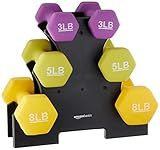 Amazon Basics Neoprene Dumbbell Hand Weights, Rack with 3 Pairs (3, 5, and 8 Pounds), Purple/Green/Yellow