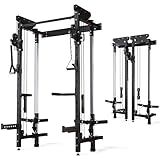 Folding Squat Rack - Wall Mounted Power Rack Cage Home Gym with Cable Crossover Machine & LAT Pull Down - Functional Trainer with 5 Adjustable Function Modes - with Safety Arm and Dips Attachment