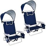 Romswi Extra Wide Beach Chair with Canopy Shade, 2 Pack Aluminum Folding Chairs with Detachable & Adjustable Umbrella, 5-Position Lay Flat, Cooler Bag, Cup & Phone Holder, Towel Bar, Navy Blue