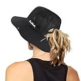 Women's Outdoor UV-Protection-Foldable Sun-Hats Mesh Wide-Brim Beach Fishing Hat with Ponytail-Hole Black