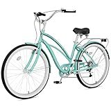 MOPHOTO Beach Cruiser Bike 24" 26" Adult Bike, 7-Speed Hybrid Bike, Step Through Commuter Bicycle with Rear Rack, for City Commuter Seniors Ladies Female Adults