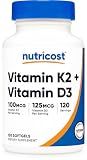 Nutricost Vitamin D3 + K2 (5000 IU D3 / 100mcg MK7) 120 Softgels, GMO-Free