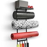 Yoga Mat Holder Wall Mount, Home Gym Storage Rack with Top Floating Shelf, 4-Tiers Holding Yoga Mat/ Blocks/ Rollers and Decorations, 5 Hooks for Resistance Bands, Skipping-Rope, Small Gym Equipment