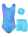 Jinhiteam Gymnastics Leotards for Girls Shiny Blue Leopard with Shorts