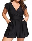 Smismivo Women's Plus Size Swim Rompers Swimsuits One Piece Modest Swim Dress Tummy Control Bathing Suit with Shorts and Pockets Black Swimdress Full Coverage Ruffle Sleeve Swimwear