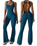 OEAK Womens Flare Jumpsuit Tummy Control Cutout Romper Workout Outfits Sleeveless Unitard Seamless One Piece Backless Bodycon Blue M