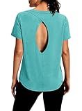 Alaroo Open Back Tops for Women Workout Shirts Short Sleeve Yoga Gym Clothes Summer Beach Vacation Sun Protection Clothing Teal XL