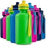Bedwina Bulk Water Bottles For Kids - (Pack of 12) 18 Oz - 7.5 Inch BPA-Free Plastic with Pop-up Tops & Handles for Sports, Summer, Reusable Water Bottles Bulk For School