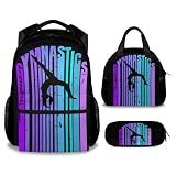 NICEFORNICE Kids Backpack with Lunch Box, Set of 3 Gymnastic School Backpacks Matching Combo for Girls, Aesthetic Black Bookbag and Pencil Case Bundle