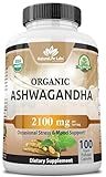 Organic Ashwagandha 2,100 mg - 100 Veggie Capsules Pure Organic Ashwagandha Powder and Root Extract - Stress Relief, Mood Enhancer