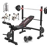 Foldable 750LBS Standard Weight Bench with Leg Extension and Squat Rack, Adjustable Flat Incline Decline Bench Press for Full Body Workout（US Stock）