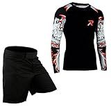 Roar MMA Rashguard & BJJ Grappling Shorts Cage Fight Jiu Jitsu Spats No Gi Sets (US, Alpha, Large, Regular, Regular, Darken/Red)