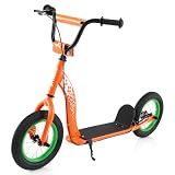 GYMAX Scooter, Kick Scooter for Adults, Teens, Kids with Adjustable Handlebar, 12” Inflatable Wheels, Front Caliper Brake & Non-Slip Deck, Heavy Duty Off-Road Scooter (Orange)