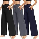TNNZEET 3 Pack Women's Wide Leg Pants with Pockets - Casual Loose Yoga Trouser Pants Sweatpants Palazzo Lounge Pajama Pants