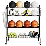 INGIORDAR Basketball Rack, Rolling Ball Stand,Garage Organization with Wheels, Four-Layer Sports Equipment Storage with Baskets for Basketballs Footballs Volleyball，Black