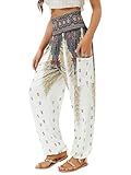 QIANXIZHAN Women's Harem Pants, High Waist Yoga Boho Trousers with Pockets White S