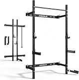Mikolo 2" x 2" Folding Wall Mounted Squat Rack, 1000 Pounds Capacity Power Rack with Safety Catches, Pull Up Bar, J Hooks and Landmine Attachment, Space-Saving Home Gym(Black