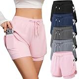 CE' CERDR 5 Pack Women's 2 in 1 Running Shorts High Waisted Athletic Workout Short for Gym Yoga with Liner 4 Pockets,Black,Navy,Dark Grey,Light Grey,Pink,Large