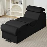 ijuicy Sleek Chaise Lounge Chair for Exercise/Yoga, Indoor Lounger with Headrest, Waist Cushion, Movable Footrest, Side Pockets, Non-Slip Bottom, High Density Sponge, Black