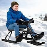 Snow Racer Sled Ski Sled Slider with Steering Wheel & Anti-Slip Seat 4.5-Foot Pull Rope Adults Winter Sport Sled for 176 LBS Loading Capacity Skiing Ice Skating Sand Skating (Black)