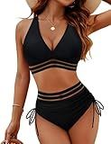 Blooming Jelly Women High Waisted Bikini Sets Tummy Control Swimsuits Mesh 2 Piece Bathing Suit (M, Black Mesh)