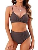 ZAFUL Bikini Sets for Women High Waisted Bathing Suit Two Piece Swimsuit 2024 Push Up Tummy Control Vintage Modest Swim Suit Cheeky Cute Swimwear Coffee M