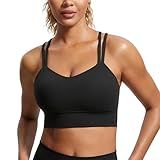 CRZ YOGA Softness Mold Butterluxe Strappy Longline Sports Bras for Women - Double Spaghetti Strap Workout Yoga Crop Top Black Medium