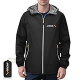 APEXUP Packable Rain Jacket Men with Reflective Zipper, Lightweight Waterproof Jacket Windbreaker Hooded Raincoat, Mens Rain Jackets for Outdoor, Running, Hiking, Travel, Cycling (Black, L)