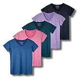 Real Essentials Womens V Neck T-Shirt Ladies Yoga Top Athletic Tees Active Wear Gym Workout Zumba Exercise Running Essentials Quick Dry Fit Dri Fit Moisture Wicking Basic Clothes, Set 7, M, Pack of 5