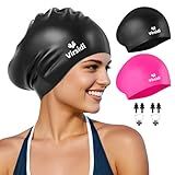 2 Pack Swim Cap for Women Men Adult, Silicone Swimming Caps for Short Long Hair, Waterproof Swim Hats Bathing Caps to Keep Hair Dry with Nose Clip and Earplugs (Black&Rose)