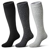 Eocom Unisex Merino Wool Ski Socks Thermal Warm Winter Thick Knee High Long Snowboarding Boot Socks for Women Men 3 Pairs(Black/Grey, Large)
