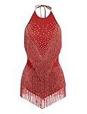 IDOPIP Women Halter Fringe Latin Dance Dress Sequin Rhinestone Bodysuit Sparkle Tassel Outfit Bodycon Dance Costume for Salsa Bachata Ballroom Performance Clubwear Night Party Stage Outfit Red M