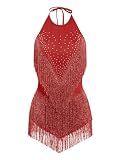 IDOPIP Women Halter Fringe Latin Dance Dress Sequin Rhinestone Bodysuit Sparkle Tassel Outfit Bodycon Dance Costume for Salsa Bachata Ballroom Performance Clubwear Night Party Stage Outfit Red M