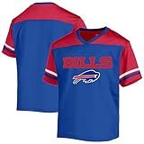 NFL Kids Youth 8-20 Officially Licensed Team Color Wordmark Primary Logo Victory Stripe V-Neck Jersey T-Shirt (Buffalo Bills Blue, 8)