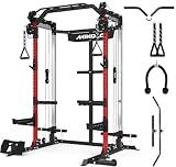 Mikolo Power Cage, 2000LB Power Rack with Independent Dual Pulley System, Multi-Function Home Gym Workout Machine for Cable Crossover (Red)