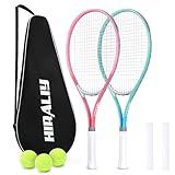 HIRALIY 27" Tennis Rackets Set for Adults, 2 Player Pre-Strung Tennis Racquets, 2 Overgrip Tapes,3 Balls, and 1 Carrying Bag, Outdoor Recreational Sport for Beginner (Pink/Green)