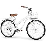 WEIZE Beach Cruiser Bike, 26 inch Commuter Bicycle for Adult Men and Women,High-Carbon Steel/Front & Rear Fenders, Comfortable City Bikes with Rear Rack&Basket, Ergonomic Upright Design,White