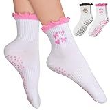 Juedverty 2 Pairs Women's Cute Pilates Ruffle Socks, Grippy Non-Slip Crew Socks with Embroidery for Yoga Barre Workout