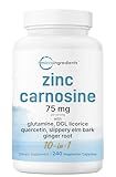 Zinc Carnosine 75mg, 240 Veggie Capsules | 10-in-1 Zinc Supplements for Men & Women with Glutamine, DGL Licorice, Quercetin, Slippery Elm Bark, & Ginger Root | Non-GMO, Gluten Free