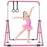 SHIWEI Gymnastics Bar for Kids, Foldable Gymnastic Bar with 5 Adjustable Height, Expandable Training Equipment for Indoor/Outdoor (Hot Pink)