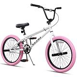 cubsala 20 Inch Beginner BMX Bike for Kids & Teens, High Tensile Steel Frame, 4 Pges, Rear U-Brake, 85% Pre-Assembled, Unisex BMX Bicycle for Outdoor Riding, White Frame with Pink Tires