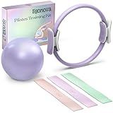 EgoNova Pilates Ring Set: 14-Inch Magic Circle with Dual Padded Handles, Pilates Mini Ball, and Resistance Bands (15, 25, 35 lbs) for Strength, Flexibility, Stability, and Body Toning (Violet)