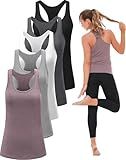 TELALEO 5 Pack Workout Tank Tops for Women, Athletic Racerback Sports Tops, Compression Sleeveless Dry Fit Shirts Black/Grey/White/Light Grey/Purple M/02