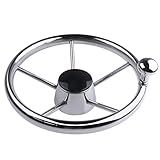 11 inch Boat Steering Wheel, Marine Stainless Steel Steering Wheel Adapter fit 3/4 inch Tapered Shaft, 5 Spoke 25 Degree Destroyer Style with Knob for Yachts, Pontoon Boats (Silver 11 inch with knob)