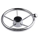 11 inch Boat Steering Wheel, Marine Stainless Steel Steering Wheel Adapter fit 3/4 inch Tapered Shaft, 5 Spoke 25 Degree Destroyer Style with Knob for Yachts, Pontoon Boats (Silver 11 inch with knob)