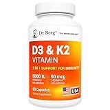 Dr. Berg Maximum Strength 2-in-1 Vitamin D3 K2 5000 IU | Naturally Derived D3 | 4X Lab-Tested & Verified | High Absorption Formula | K2 D3 Vitamin Supplement - 60 Capsules