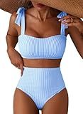 Herseas Women's Striped Bikini Sets Shoulder Strap Knot Removable Pads 2 Piece Swimsuits High Waisted Tummy Control Bathing Suits Teen Cruise Essentials Small Blue Stripes